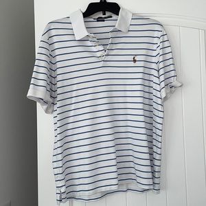 blue and white striped polo ralph lauren collared shirt